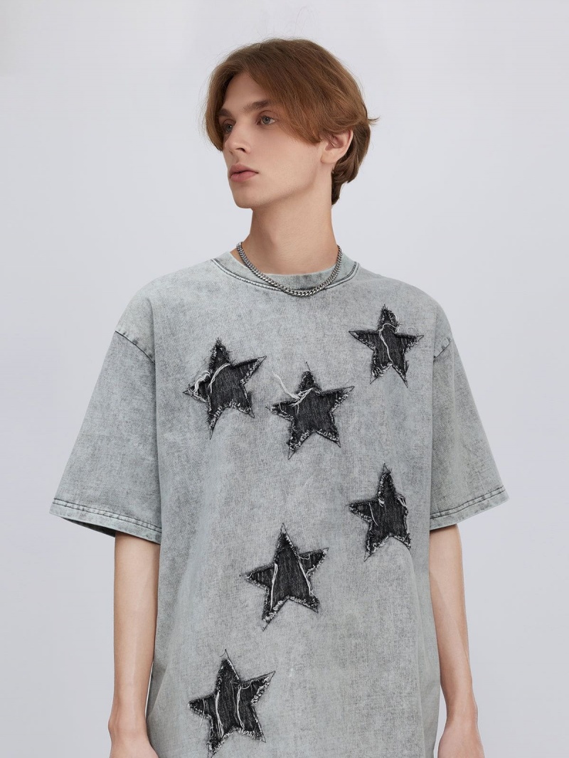 T Shirts Aelfric Eden Denim Star Patchwork Washed Tee Grise | APE-99861668